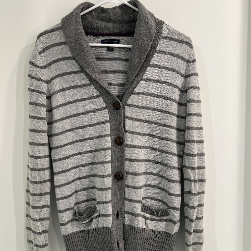 Tommy Hilfiger Gray & White Striped Shawl Collar Cardigan - Purple Trim
